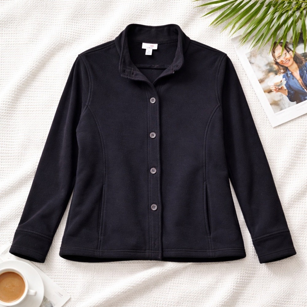 L.L. Bean M Polartec Fleece Jacket Womens Medium Black Button Up Mock Neck